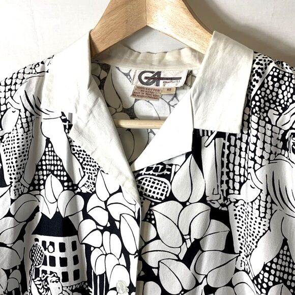 Vintage 80s Gil Aimbez Black White Tennis Player Print SS Button Up Tunic Sz 10 - Picture 2 of 15